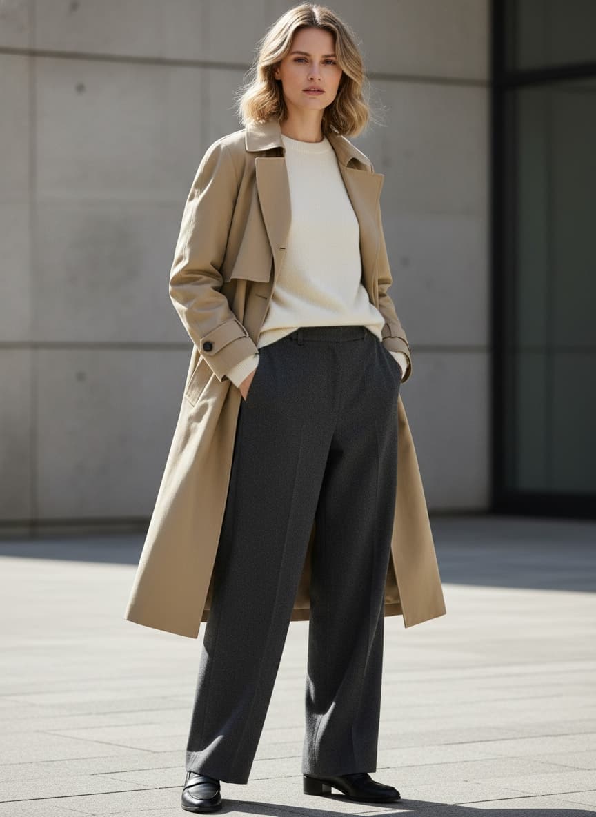 AI-generated outfit visualisation — quiet luxury womenswear